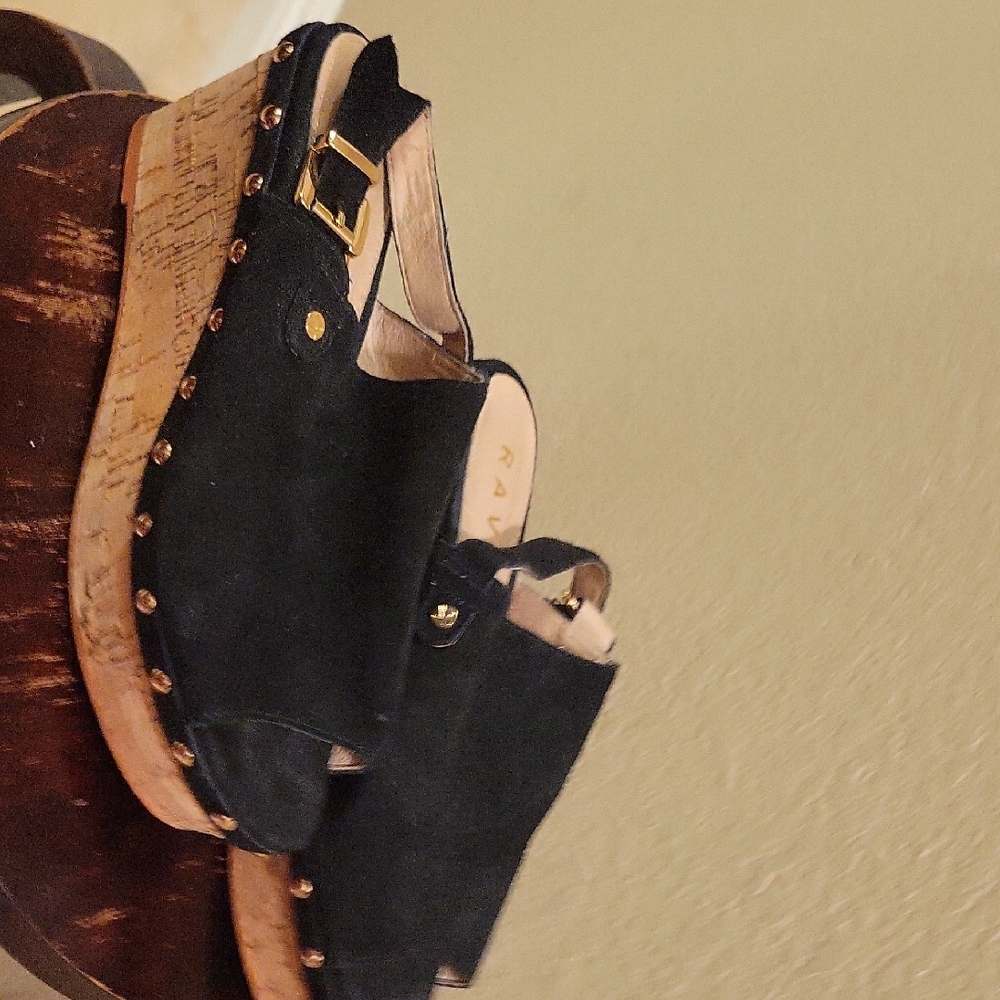 Black Suede Platform Sandals with Cork Wedge